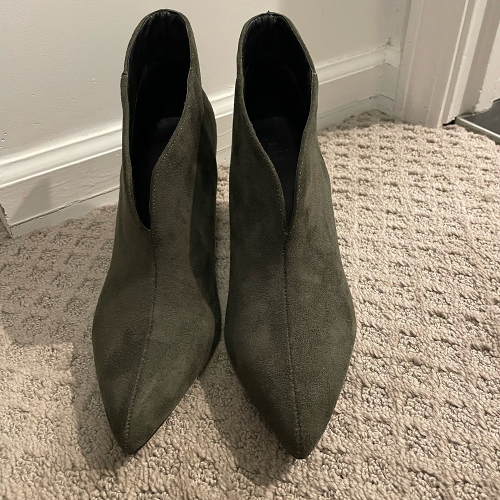 Hunter green vegan suede, heeled booties
